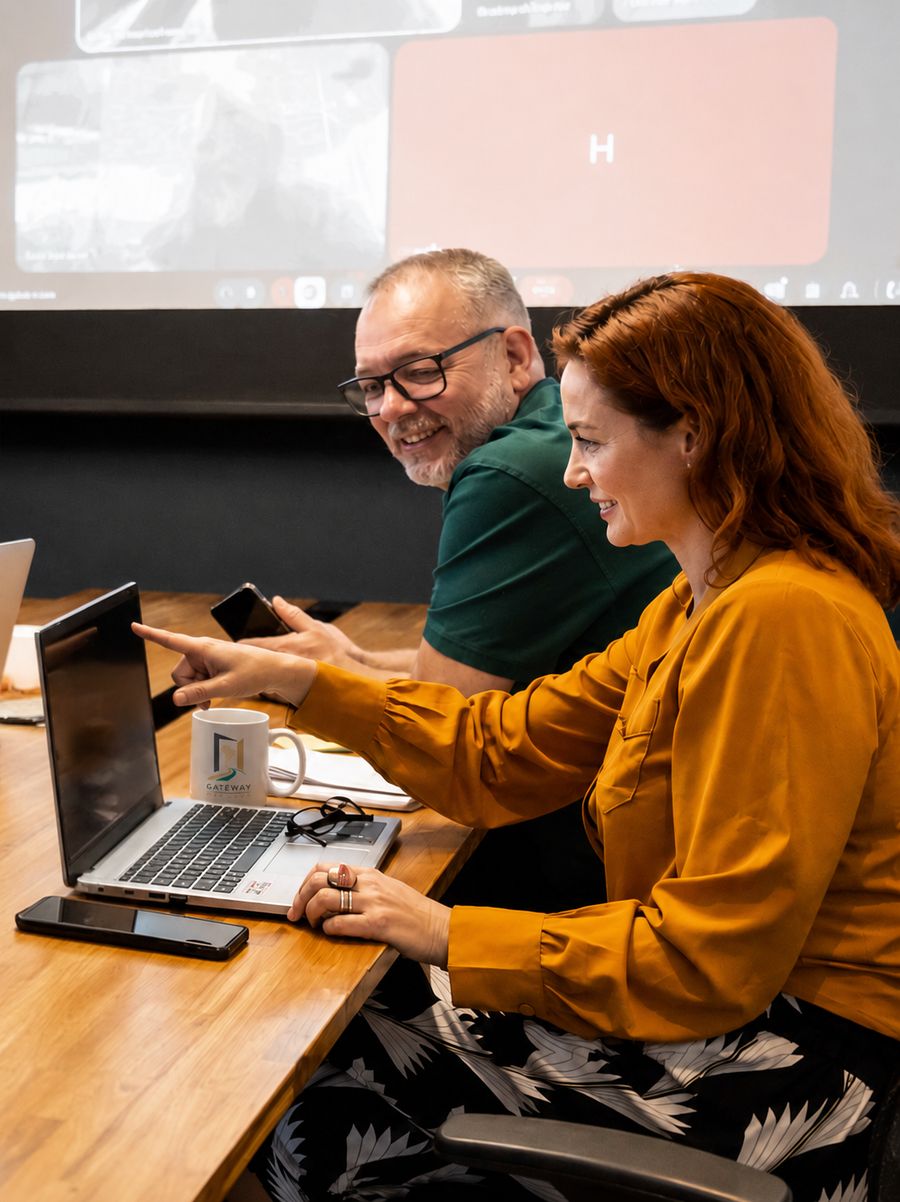 André Desor and Anne Hagel working together at a laptop in the Florianópolis office