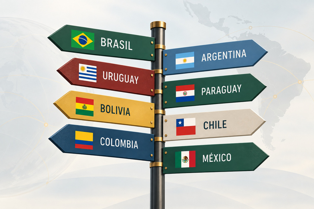 A signpost with arrows pointing to Brasil, Argentina, Uruguay, Paraguay, Bolivia, Chile, Colombia and México